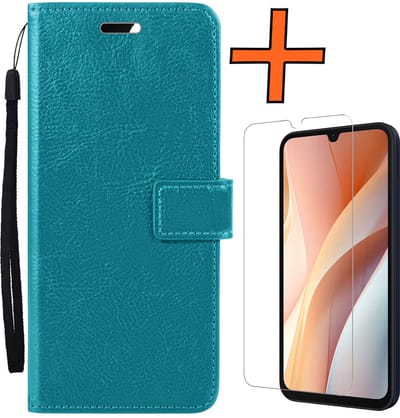 Hoes - Met Screenprotector - Geschikt voor Samsung Galaxy A15 - Luxe Pasjeshouder - Bookcase Portemonee - Flip Case - Kunstleer Book Case - Flipcase - Book Cover - Walletcase - PortemonneeHoes - Turquoise