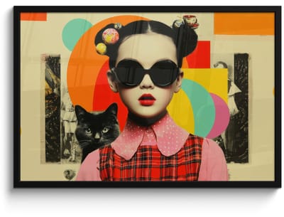 Poster in lijst - Fotolijst 90x60 cm - Posters - Meisje - Zonnebril - Kat - Retro - Posterlijst zwart - Decoratie - Wanddecoratie woonkamer - Muurdecoratie slaapkamer