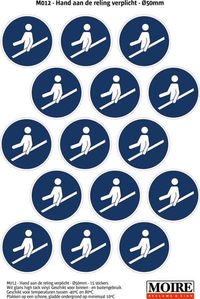 Pictogram sticker 75 stuks M012 - Hand aan de reling verplicht - 50 x 50mm - 15 stickers op 1 vel