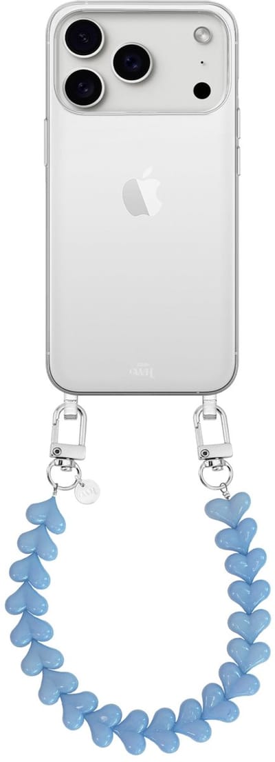 xoxo Wildhearts siliconen hoesje - Geschikt voor iPhone 17 Pro Max hoesje - Funky Hearts - Telefoonhoesje - Hoesje met koord - Lichtblauw koord - kort telefoonkoord - Hartjes ketting - Transparant hoesje