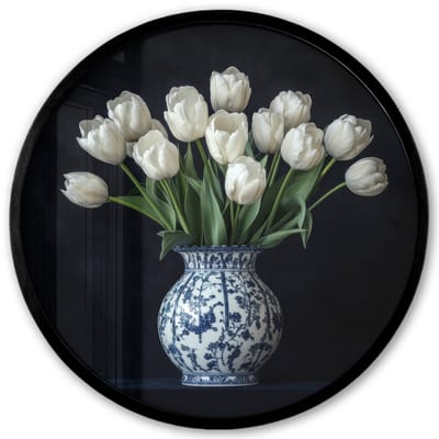 Poster in lijst Rond - Fotolijst 40x40 cm - Posters - Wit - Bloemen - Tulpen - Vaas - Ronde posterlijst zwart - Decoratie - Wanddecoratie woonkamer - Muurdecoratie slaapkamer