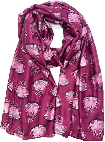 Lange dames sjaal Annie fantasiemotief schelpenmotief roze fuchsia azalia zwart wit goud