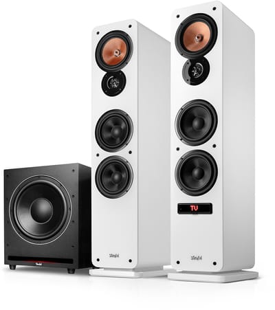 Teufel Ultima 40 ACTIVE 3 Club Edition - Krachtig 2.1 audioysteem met actieve vloerstaanders en subwoofer, bluetooth aptX, 260 W, basreflex, ingebouwde versterker, HDMI ARC CEC, USB-C - wit