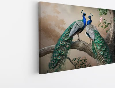 Saammp Canvas Schilderij - 2 Pauwen - Dieren - Natuur - 30x20 - Foto op canvas - Wanddecoratie - muurdecoratie Woonkamer - Slaapkamer decoratie - Canvas Print