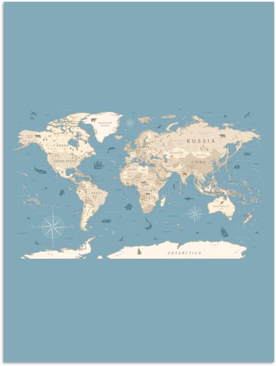 Poster 120x160 cm - Wereldkaart - Oceaan - Realistisch - Blauw - Posters - Kamer decoratie - Wanddecoratie woonkamer - Muurdecoratie slaapkamer XXL