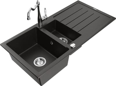 Mexen Andres granieten spoelbak 1,5-komor met druiprek en keukenmengkraan Carla, zwart/goud metallic - 6515-75-670700-00