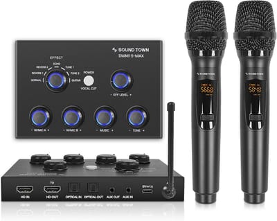 Draadloze microfoonmixer voor thuiskaraoke met 16 zenders en 2 microfoons