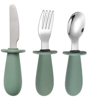 Baby Bestekset 3-delig – Kinderbestek voor Baby en Peuter – RVS Lepel, Vork & Mes met Siliconen Grip – Groen – BPA-vrij – Ideaal voor Zelfstandig Eten – Vaatwasserbestendig