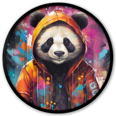 Poster in lijst Rond - Fotolijst 40x40 cm - Posters - Panda - Jas - Graffiti - Oranje - Ronde posterlijst zwart - Decoratie - Wanddecoratie woonkamer - Muurdecoratie slaapkamer