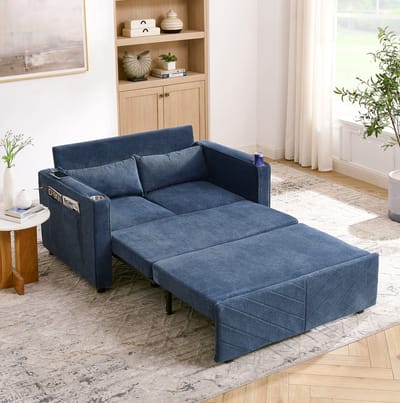 MIVRAY Slaapbank 195 x 134 x 73 cm - 2-Zits Met Uitschuiffunctie En USB-Laadpoorten - Voor Woonkamer En Logeerkamer - Hout En Stof Donkerblauw