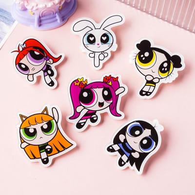 6 Stuks Kawaii Anime The Powerpuff And Girls Serie Acryl Broche Schattig Cartoonfiguur Creativiteit Printen Diy Rugzak Badge 6PCS black