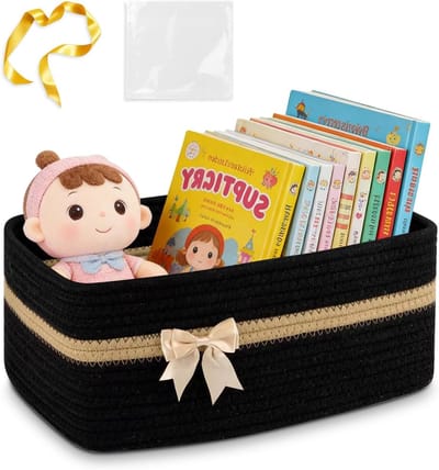 Gevlochten opbergmand met handgrepen, multifunctionele organizer voor speelgoed, handdoeken en snacks, 34 x 15 x 25 cm, zwart