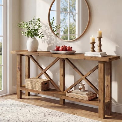 Tribesigns Massief Hout Consoletafel - Sidetable met Twee Niveaus - Bruin - Landelijke - 180 x 30 x 85 cm - Console Tafel voor Hal, Woonkamer, Entree