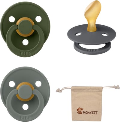 Bibs Dental fopspenen Anatomical 6-18 maanden- Set 3 stuks- Hunter Green, Iron, Pine- + Monkiezz speenzakje - orthodontisch- Anatomisch- Maat 2