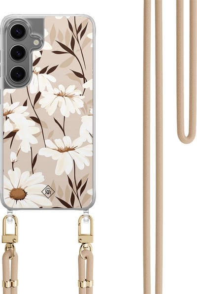 Casimoda® hoesje met koord - Geschikt voor Samsung S24 - In Bloom - Afneembaar koord - TPU/polycarbonaat - Bruin/beige