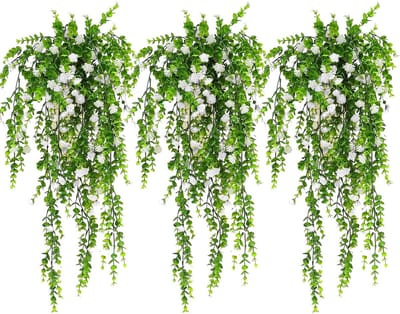 Dailygoods - 3 stuks hangende kunstplanten, eucalyptusplanten om op te hangen, kunsthangplanten zoals echt wit, balkonplanten, plastic planten voor wanddecoratie, binnen en buiten, groen + wit