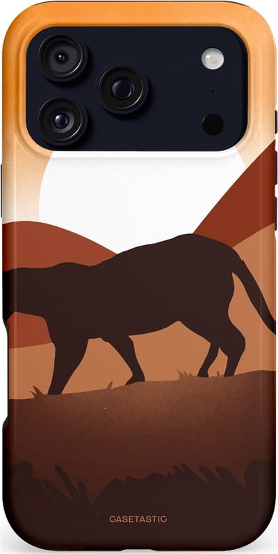 Casetastic hoesje geschikt voor Apple iPhone 17 Pro Max - MagSafe - Dubbellaagse bescherming - Zonsondergang Safari - Fashion Case - Zwart Oranje Goud Bruin