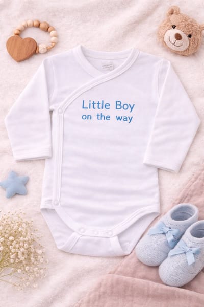 Omslag Romper Baby – Little boy on the way… – Zwangerschap Aankondiging – Jongen – Geborduurd – Newborn Cadeau – Unisex babykleding - omslagromper - 100% katoen - baby aankondiging - originele zwangerschaps reveal