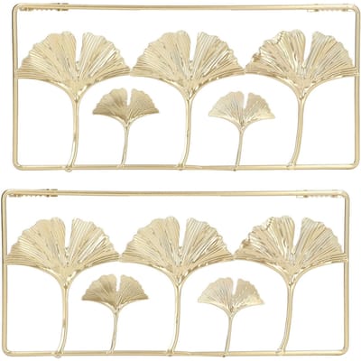 2 stuks Goud Metalen Blad Wanddecoratie 3D Modern Eenvoudig Duidelijke Textuur Metalen Blad Hanger Decoratie met beige