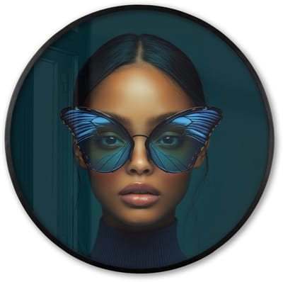 Poster in lijst Rond - Fotolijst 60x60 cm - Posters - Vrouw - Vlinder - Bril - Blauw - Modern - Portret - Ronde posterlijst zwart - Decoratie - Wanddecoratie woonkamer - Muurdecoratie slaapkamer