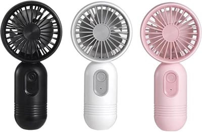Driedelige set - Handventilator - Drie windsnelheden - Gemakkelijk vast te houden of in een tas te stoppen - Oplaadbaar via USB of batterij - Stille werking - Perfect voor op reis, kamperen of buitenactiviteiten - Verkrijgbaar in roze, wit en zwart