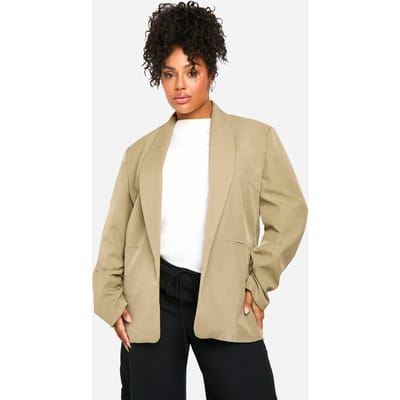 boohoo Dames Plus Essential Oversized Ruched Sleeve Blazer | Light Khaki | Maat: 18