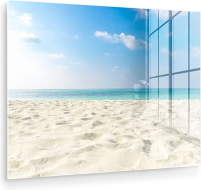 MuchoWow® Glasschilderij 120x90 cm - Schilderij acrylglas - Strand - Licht - Zon - Foto op glas - Muurdecoratie woonkamer - Wanddecoratie slaapkamer - Schilderijen