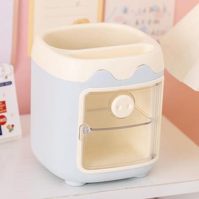 1 boîte de rangement de bureau, dessin animé mignon, grande capacité, porte-crayon, papeterie pour étudiants, pinceaux de maquillage multifonctionnels white