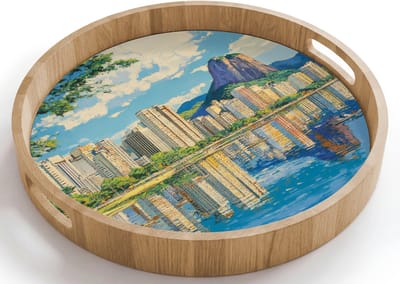 Dienblad rond 40x40 cm - Schootdienblad hout - Berg - Skyline - Strand - Water - Borrelplank rechthoek - Plateau houten dienbladen
