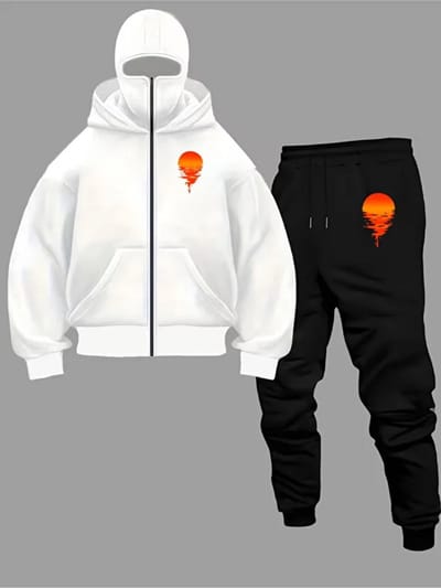 Trendy Witte Hoodie en Zwarte Joggingbroek Set met Unieke Zonsondergang Print - Comfortabele Casual Streetwear Outfit - S-M