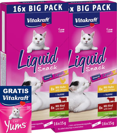 2 stuks Vitakraft liquid snack multipack kip en rund met GRATIS Vitakraft Yums 40 gram