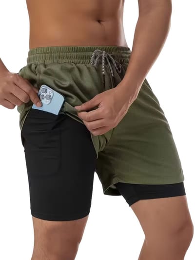 SparkNine Stridex fitness short heren - dubbellaags - met telefoonzak - L - groen - sneldrogend - met handdoeklus & zakken - functioneel & comfortabel
