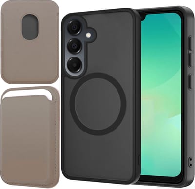 Hoesje + Pasjeshouder geschikt voor Samsung Galaxy A17 5G / A26 - Portemonnee geschikt voor MagSafe - Magnetisch - Pasjes Houder - Creditcardhouder - Taupe