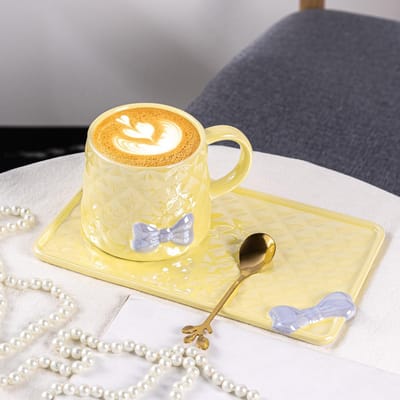 Lichte Luxe Strik Reliëf Koffiekop Hoge Uitstraling Mok Meisjeshart Kop Afternoon Tea Kop Schotel Set 350m'l