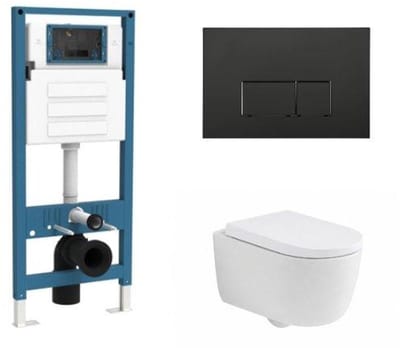 QeramiQ Dely Swirl Toiletset - inbouwreservoir Qeramiq Flush - 35mm zitting - kunststof mat zwarte bedieningsplaat - rechthoekige knoppen - mat wit