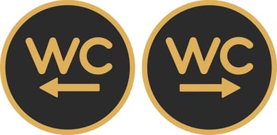 12,5 cm Rond 2 bordjes WC met pijl Zwart - Goud | Toilet - WC bordjes | 125 mm rond 3 mm dik | Zwart Goud | Bio plastic