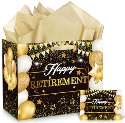 Groot zwart en goud geschenkzakje voor pensioen met tissuepapierset