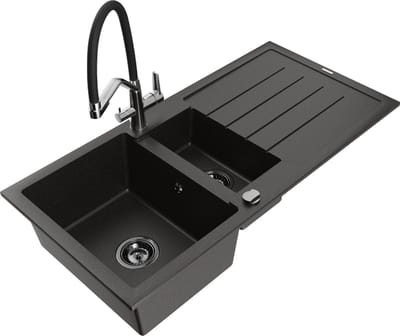 Mexen Andres granieten gootsteen 1,5-komorige met afdruiprek en keukenkraan Duo, zwart/gouden metallic - 6515-75-671701-07-B