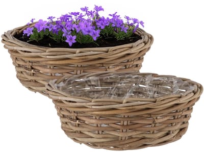 DK Design Plantenmand/aardappelmand tafelmodel - 2x - Ivy - met binnenzak - rotan - B40 x H13 cm - binnen/buiten