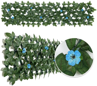 Namajunas - Kunsthaag voor buiten en binnen- Privacyschermen balkon - Tuinscherm - Uitschuifbaar - Tuinafscheiding met kunstbloemen - Kunst klimop - Kunstplant - 200x30cm - Blauw