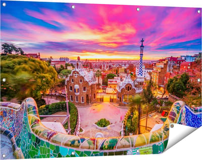 Gards Tuinposter Park G�ell Uitzicht op Barcelona - 120x80 cm - Tuindoek - Tuindecoratie - Wanddecoratie buiten - Tuinschilderij