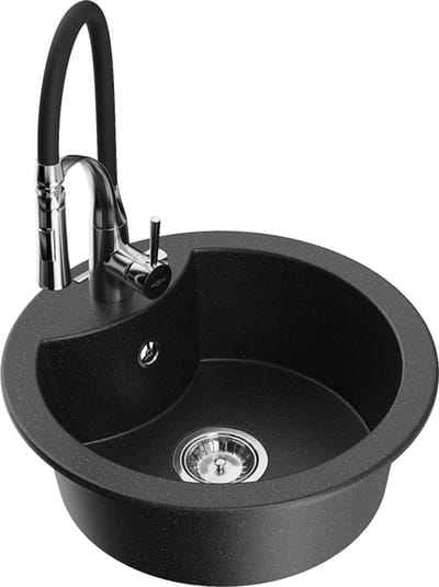 Mexen Diego granieten gootsteen 1-kamer met keukenmengkraan Aster, zwart/zilver metallic - 6512-73-73450-07