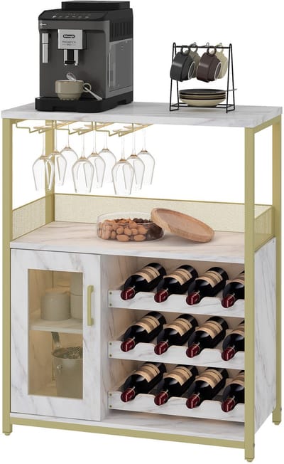 Moderne 3-laags wijnbar kast – afneembaar wijnrek, glasophang, gaasdeur en veel opbergruimte – drankdressoir voor thuis, keuken, eetkamer en woonkamer