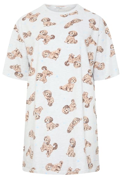 Yours Curve Slaapshirt Met Puppyprint In Gemêleerd Grijs Size 40-42