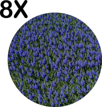 Luxe Ronde Placemat - Blauw Paarse Bloemen - Set van 8 Placemats - 50x50 cm - 2 mm dik Vinyl - Anti Slip - Afneembaar