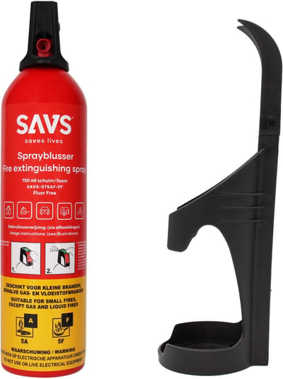 SAVS® Sprayblusser Vetblusser schuim 750 ml - Met ophangbeugel - 5A 5F - Geschikt voor keuken, huis, auto, boot, caravan of camper - Brandblusser - Schuimblusser