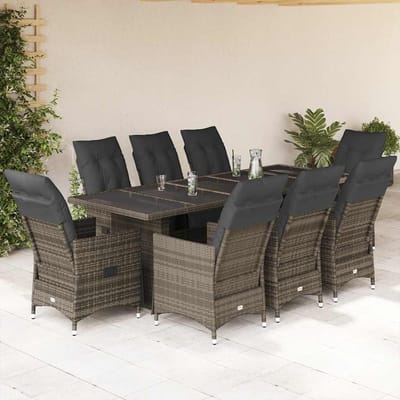 vidaXL - 9-delige - Bistroset - met - kussens - poly - rattan - grijs