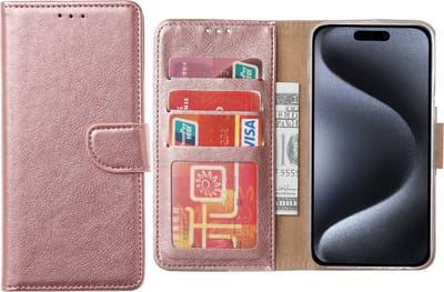 Hoesje Geschikt voor iPhone 15 Pro – Arara bookcase met pasjeshouder- Rosegoud