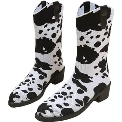 Hot Sale Schoenen voor Dames Winter Instapper Mid-Kalf Dameslaarzen Gemengde Kleuren Ronde Neus Koeienpatroon Laaggehakte Mode Laarzen 43 white