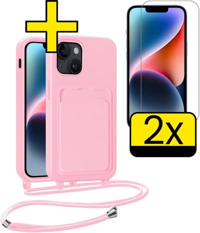 Hoesje Geschikt voor iPhone 13 Telefoonhoesje Met Koord Case Pashouder Met 2x Screenprotector Siliconen - Hoes Geschikt voor iPhone 13 Hoesje Met Kaarthouder - Lichtroze